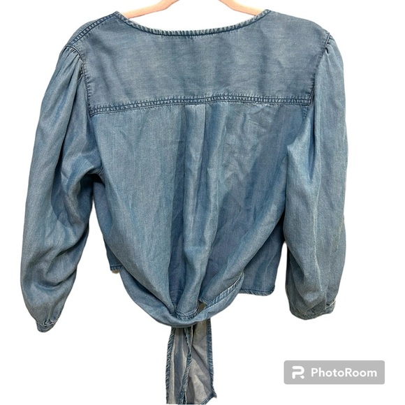 The Kooples Jeans Chambray Wrap Top Size 2 GUC Small Stain B0413 - Picture 2 of 10